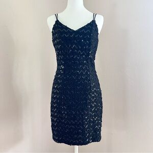 Vintage 1960s Low Back Sequined Black Cocktail Dress w/ Double Spaghetti Strap S